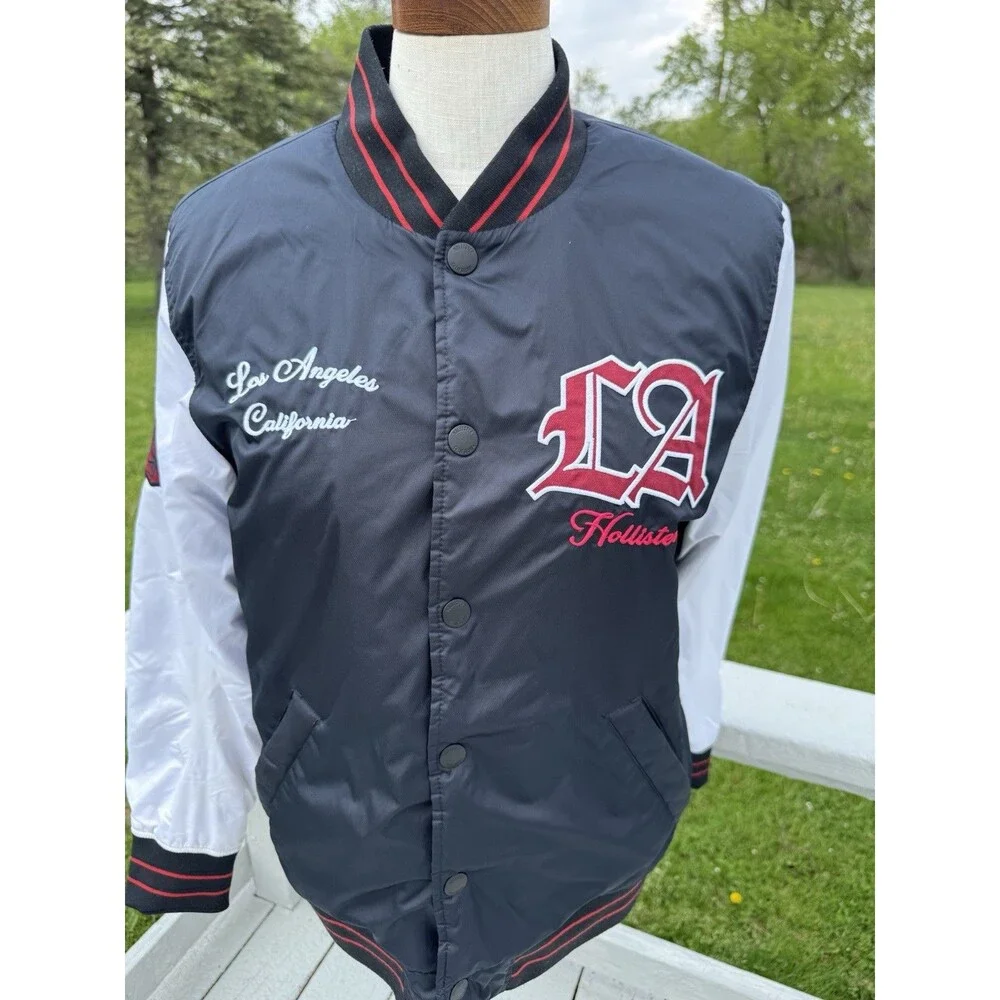 Hollister Varsity Jacket Small Black White Bomber LA Sherpa Lined Rose Patch